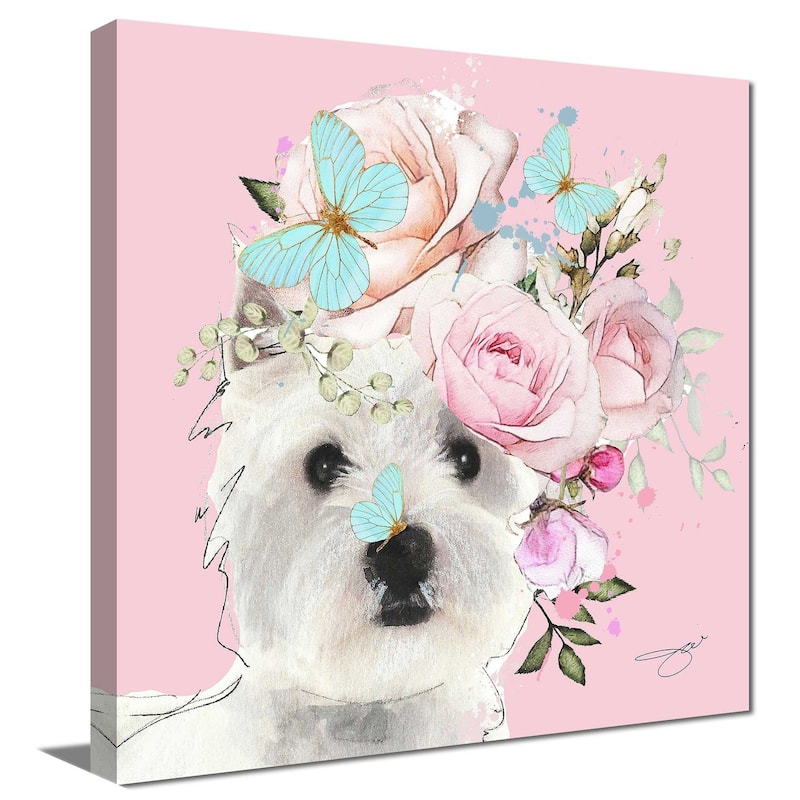 "Flower Westies" by Jodi Print on Canvas