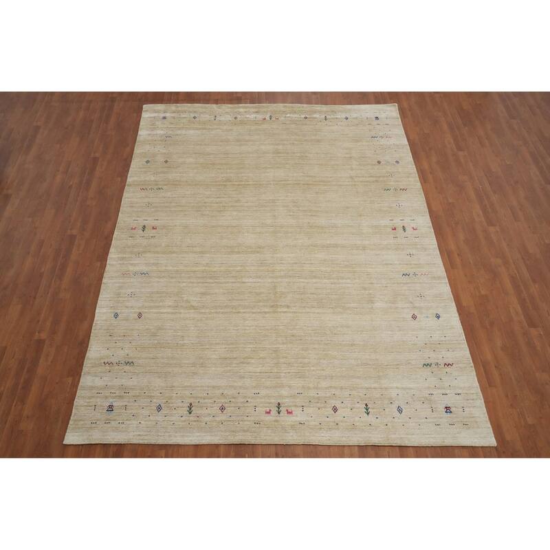 Hand Knotted Oriental Viscose Silk Carpet Tribal Animal Pictorial Beige & Ivories Gabbeh Area Rug - 11' 9'' X 8' 8''