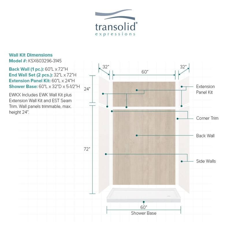 Transolid Expressions 60-in X 32-in X 96-in Glue to Wall Shower Kit - 32" x 60" x 96" - 32" x 60" x 96"
