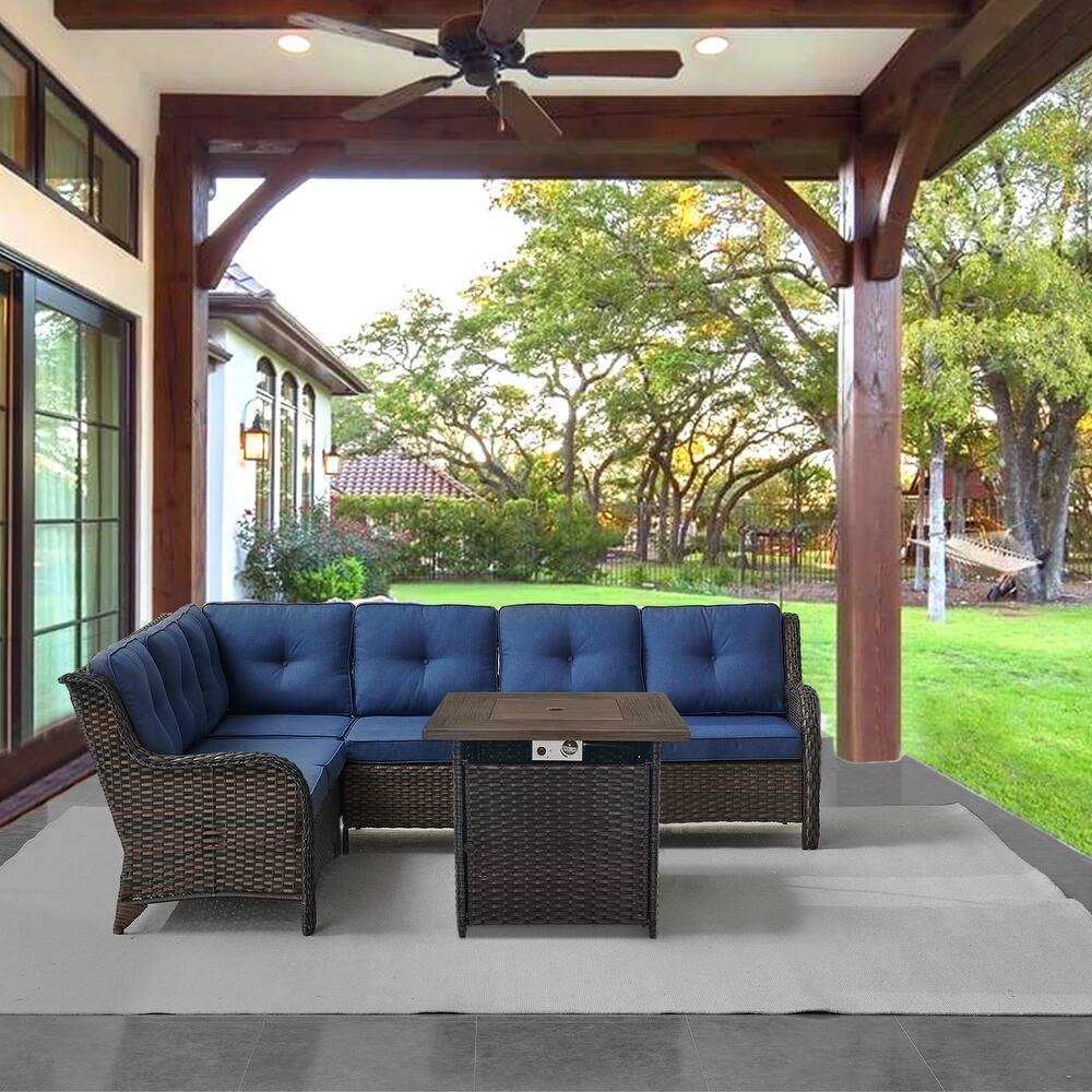 Gymojoy 2-Piece Outdoor Wicker Patio Furniture with Fire Pit and L-shaped Sectional Sofa, Coversation Set with Thick Cushions