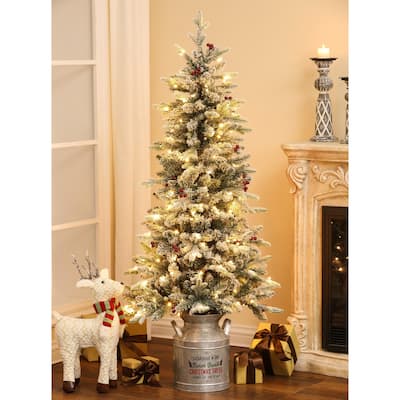 Pre-Lit LED 5ft Snow Flocked Artificial Christmas Tree with Red Berries and Metal Pot - 60" H x 25.5" W x 25.5" D