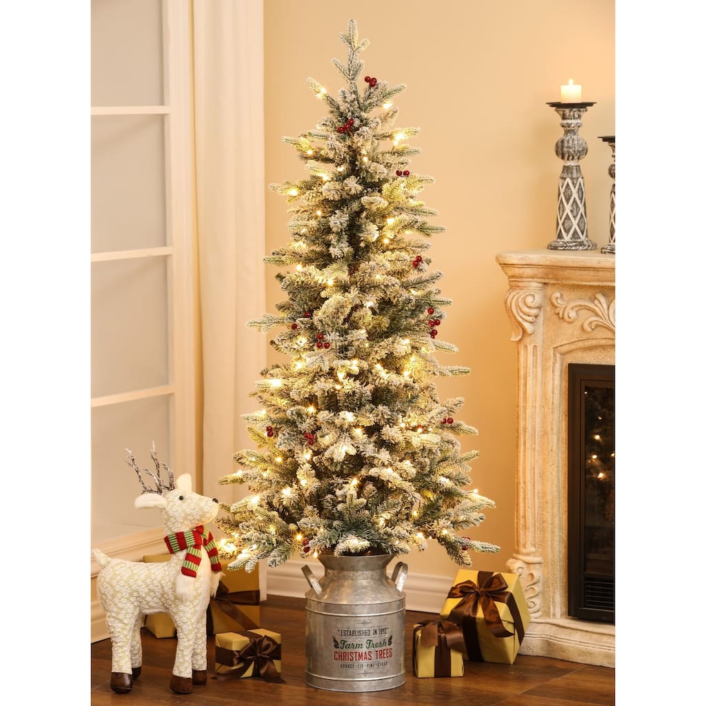 Pre-Lit LED 5ft Snow Flocked Artificial Christmas Tree with Red Berries and Metal Pot - 60" H x 25.5" W x 25.5" D