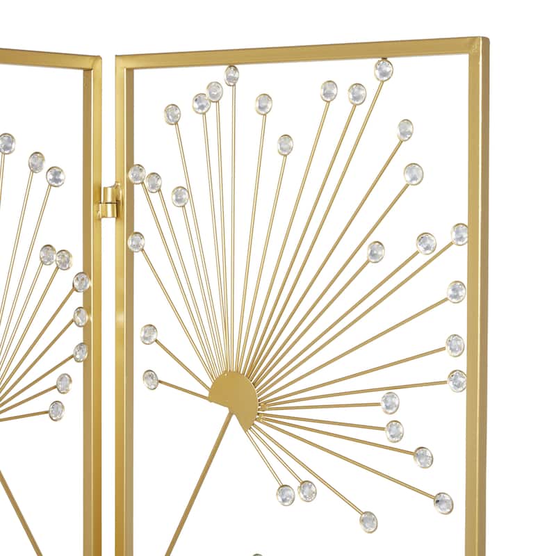 Gold Metal Hinged Foldable Partition 3 Panel Floral Partition Room Divider Screen with Crystal Embellishments - 46 x 1 x 71