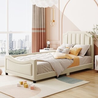 Beige Frame Bed L-shape Guardrail Upholstered Daybed Twin Bed with Classic Stripe Shaped Headboard, Nailhead Trim Footboard