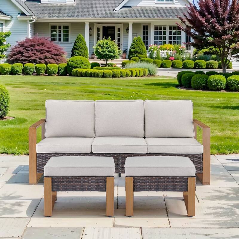 Pocassy Outdoor Sofa, Swivel Chair, Patio Chair Ottoman Set - 3 Pieces - Brown Wicker Beige Cushion