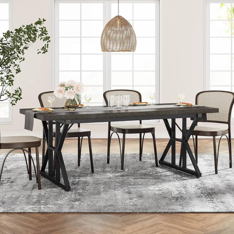 71" Farmhouse Dining Table Rectangular with X-Trestle Metal Legs Rustic Black