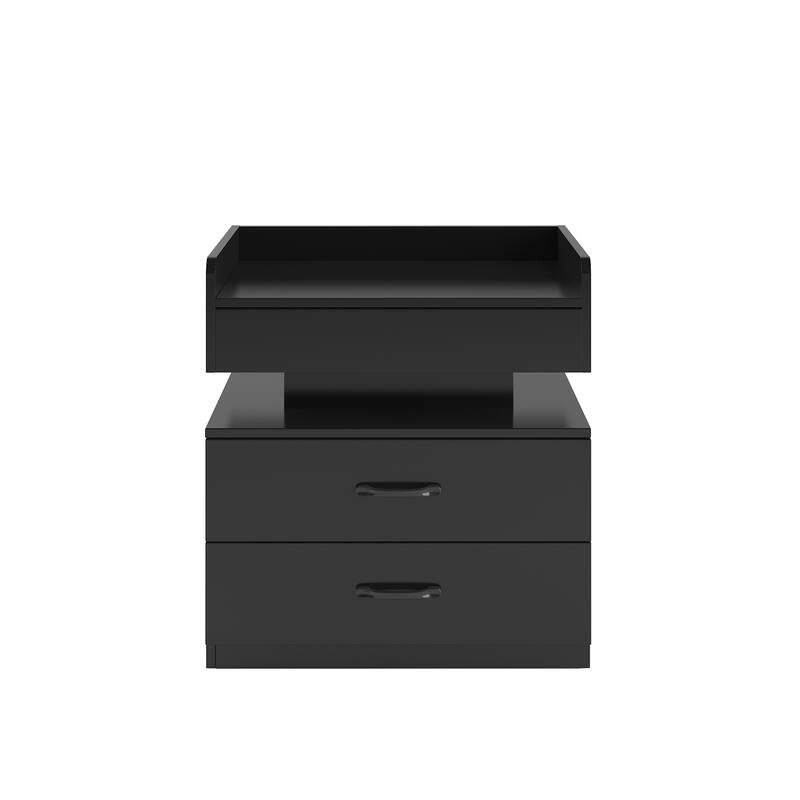 1 Set Nightstand with Adjustable LED Strip Light, 2-Drawers, Large Storage Space