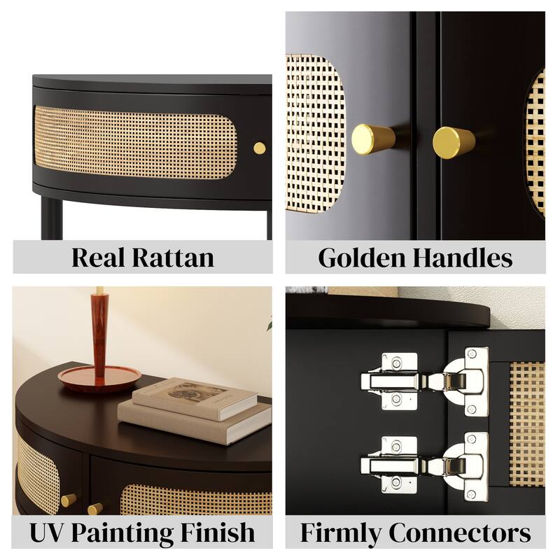 Half Moon Design Entryway Console Table with Rattan Door, Small Half Round Side Table End Table Accent Table for Living Room
