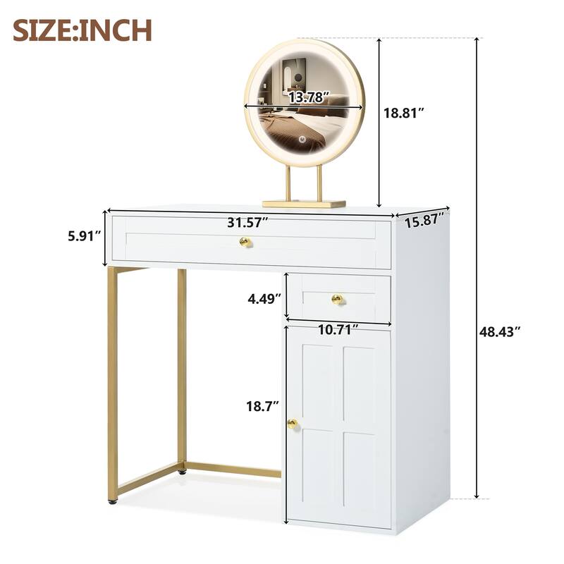 31.5" Makeup Vanity Desk with Lighted Mirror, Dressing Table with 2 Drawers and 1 Cabinet