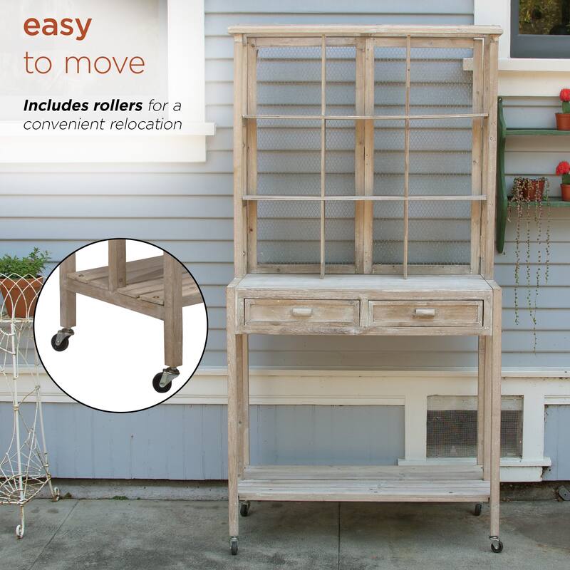 Alpine Corporation 67" Tall Indoor/Outdoor Rustic Wooden Potting Hutch with Shelves and Drawers