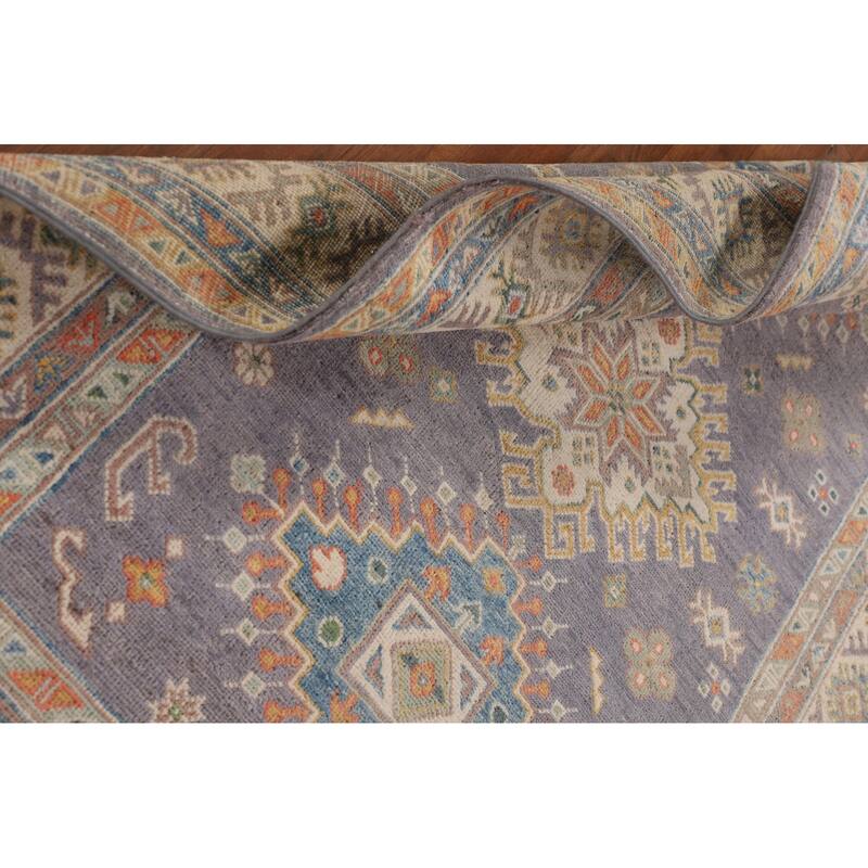 Gray Geometric Kazak Oriental Accent Rug Handmade Wool Carpet - 4'2" x 6'2"