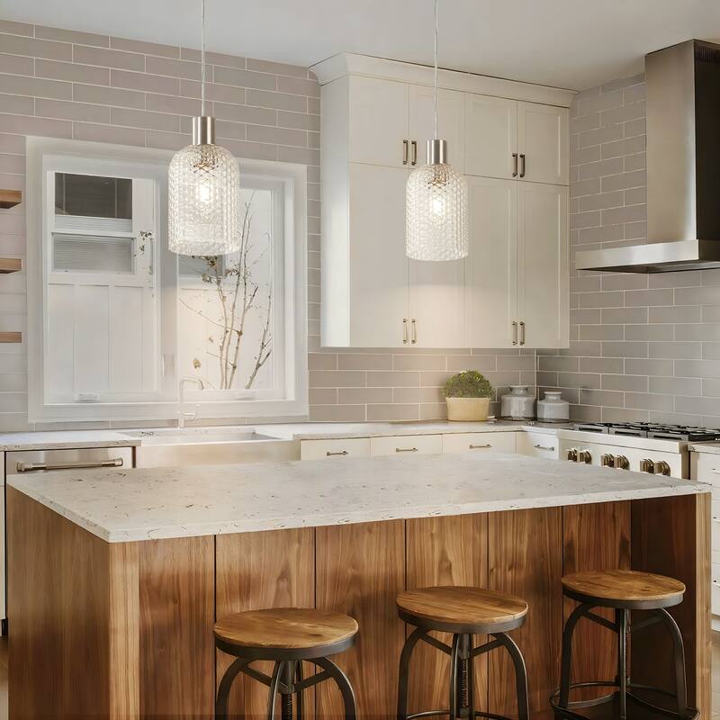 1/3-Light Modern Glam Bell-Shaped Adjustable Island Pendant Light with Clear/Blue/Amber Textured Glass