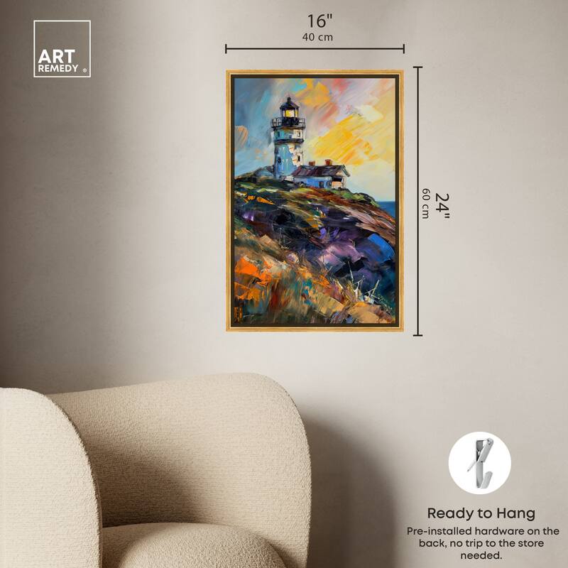 Art Remedy Colorful Lighthouse Framed Impressionism 1 Piece Canvas Wall Art /Monet And Van Gogh Inspired Art