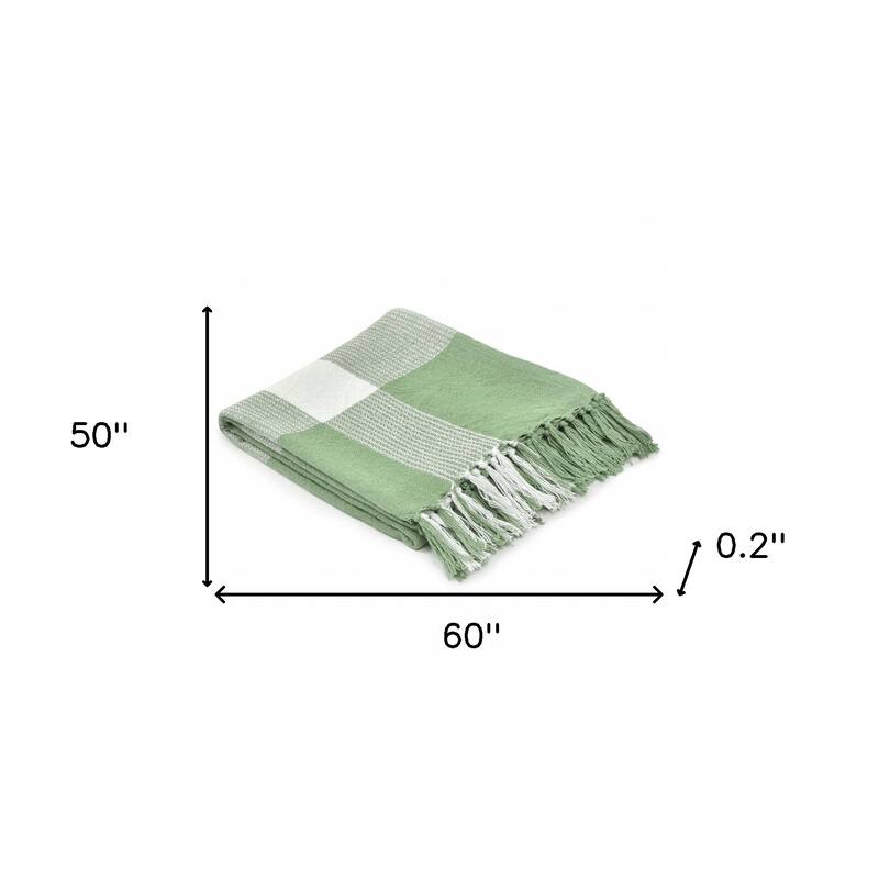 50" X 60" Green Woven Cotton Checkered Throw Blanket with Fringe