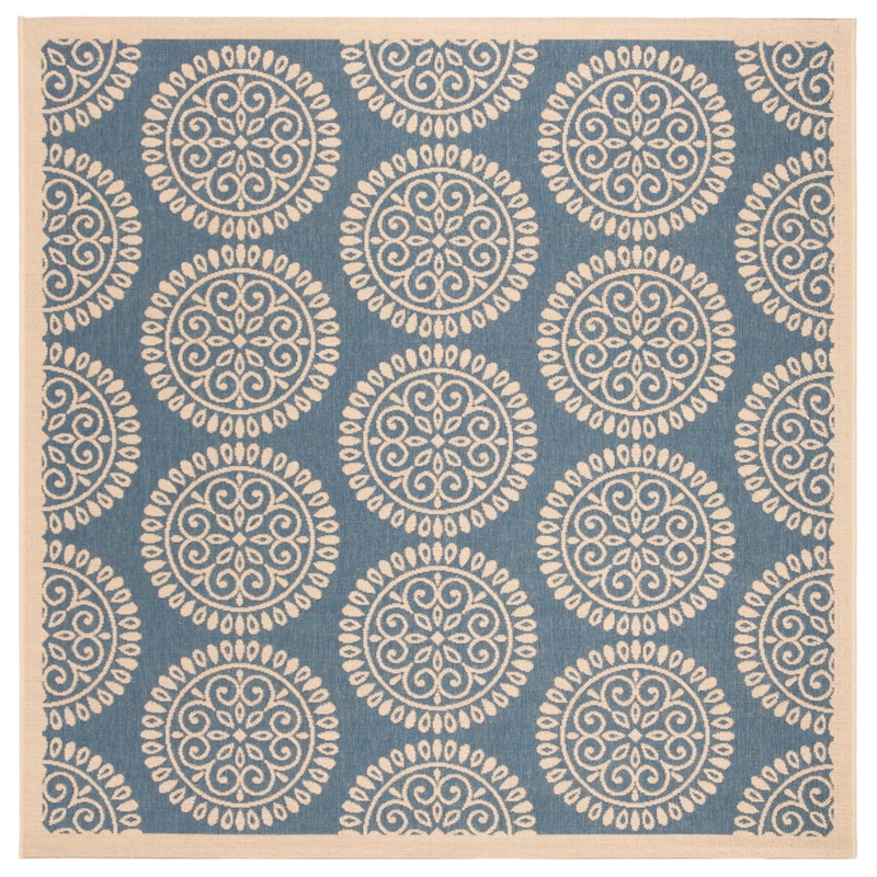 SAFAVIEH Linden Hyrije Indoor/ Outdoor Waterproof Patio Backyard Rug - 6'7" Square - Blue/Creme