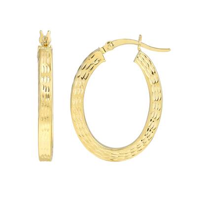 Curata 10k Yellow Gold Oval Hoop Square Tube Full Sparkle Cut Finish Earrings - 25mm