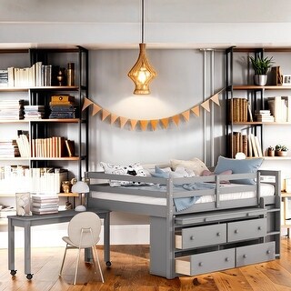 Full Size Wooden Loft Bed with Retractable Writing Desk and 4 Drawers, Full Size Loft Bed with Lateral Portable Desk and Shelves