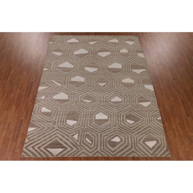 Geometric Modern Oriental Area Rug Handmade Beige Wool Carpet - 9'0" x 11'8"