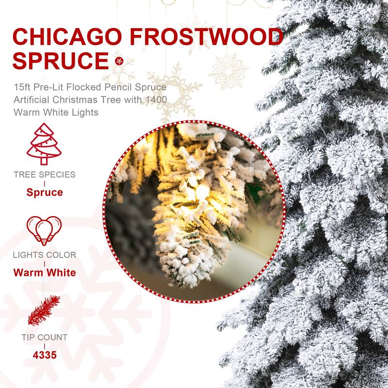 Glitzhome 15 Foot Pre-Lit Flocked Pencil Spruce Artificial Christmas Tree with 1400 LED Lights - 15ft