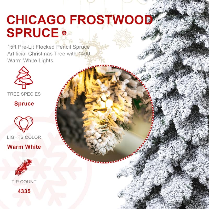 Glitzhome Pre-Lit Flocked Pencil Spruce Artificial Christmas Tree with Warm White Lights