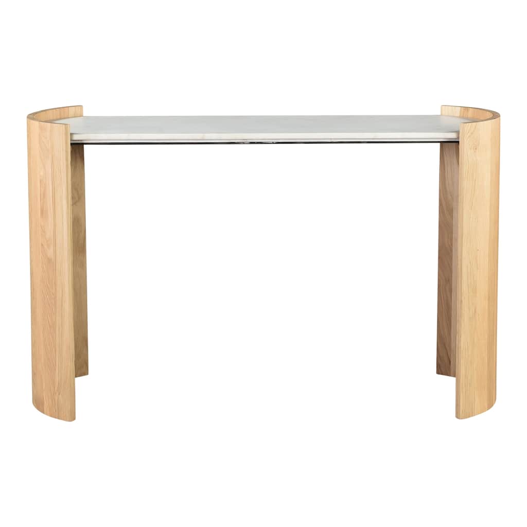 NADAAL STUDIOS Crest Console Table, Banswara White Marble Top, Oak Veneer Base, Natural Finish