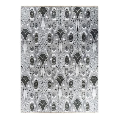 Ikat One-of-a-Kind Hand-Knotted Area Rug - Gray, 9' 0" x 12' 4" - 9' 0" x 12' 4"