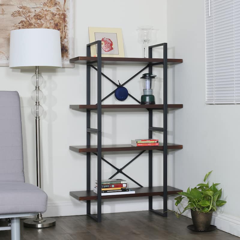 4-Tier Industrial Open Wider Etagere Bookcase Metal Frame Wood Shelves for living room - 35.4" x 12.5" x 56.7" - Black