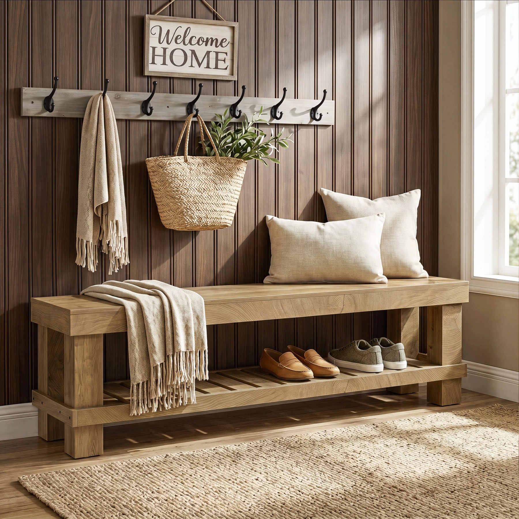 63-Inch Entryway Shoe Bench with Shelf, Long Dining Bench with Storage for Hallway, Mudroom, Bedroom, Living Room, Dining Room