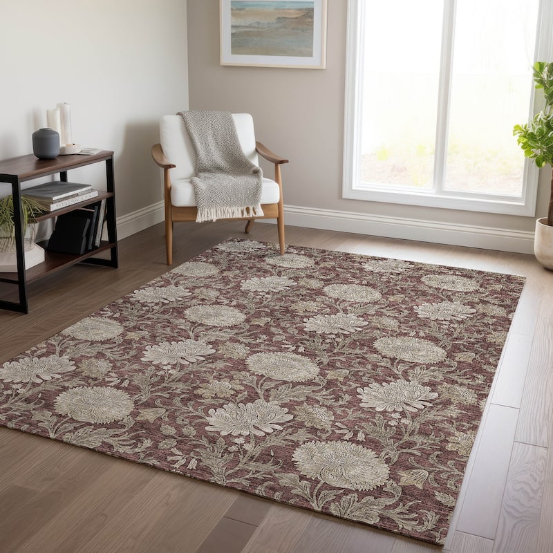 Machine Washable Indoor/ Outdoor Chantille Floral Rug - Merlot - 5' x 7'6"