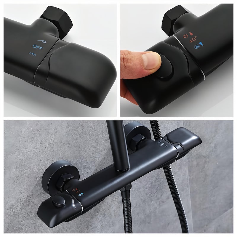 3-Way Thermostatic Complete Rain Shower System Black Wall Exposed Install with Rough-in Valve