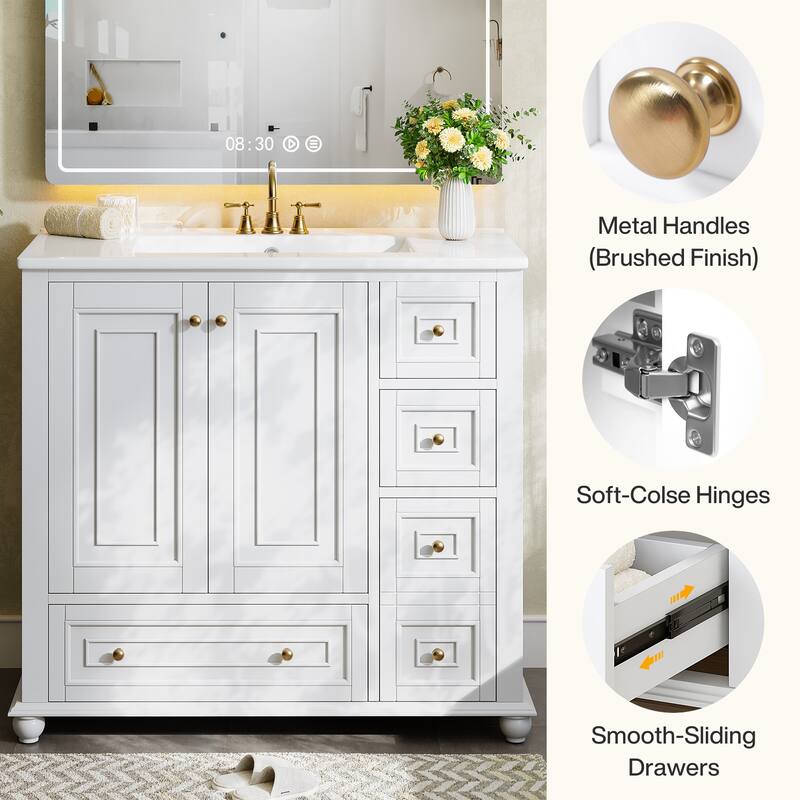 Modern Freestanding Solid Wood Bathroom Vanity with Ceramic Sink, Adjustable Shelf Storage