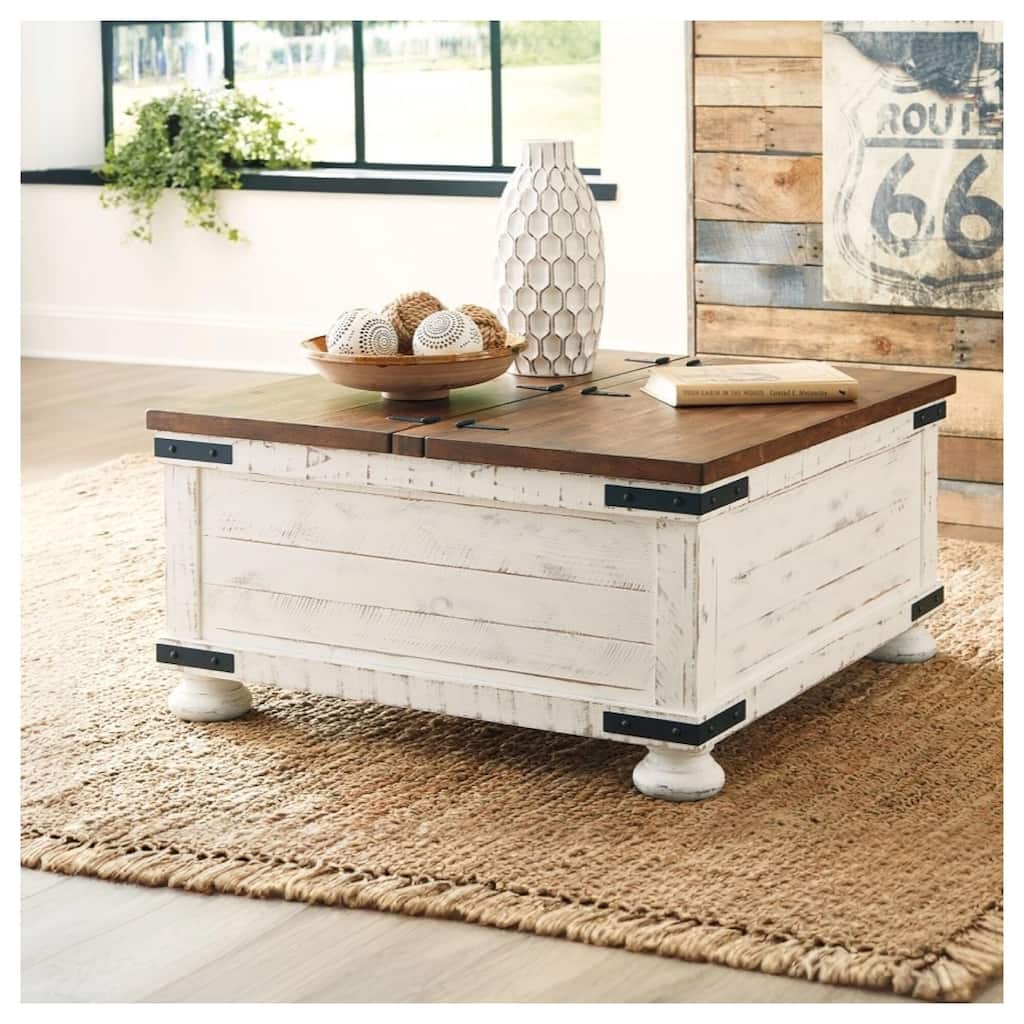 Signature Design by Ashley Wystfield Antiqued Ivory and Brown Pine Coffee Table