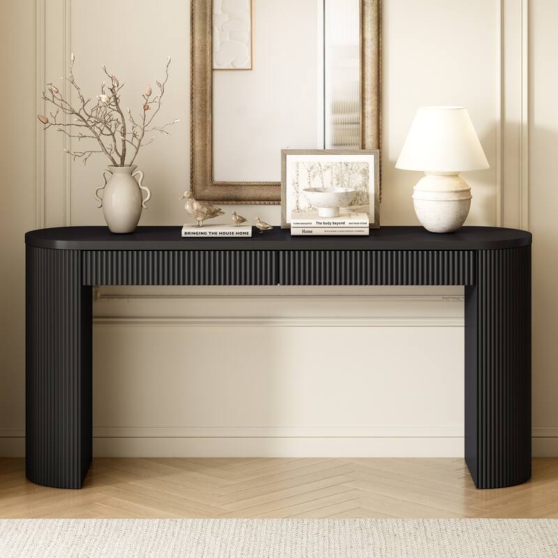 Curved Console Table Accent Table for Living Room, Vertical Line Design Entryway Table Sofa Side Table with Drawers - Black