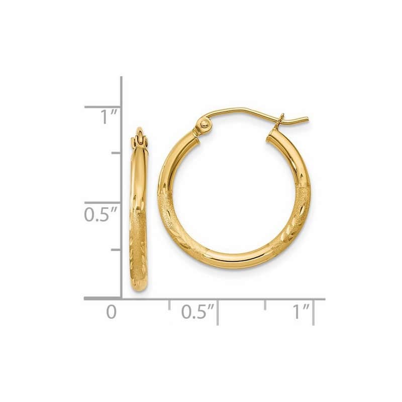 Curata 14k Yellow Gold Satin and Diamond-Cut 2x20mm Round Tube Hoop Earrings
