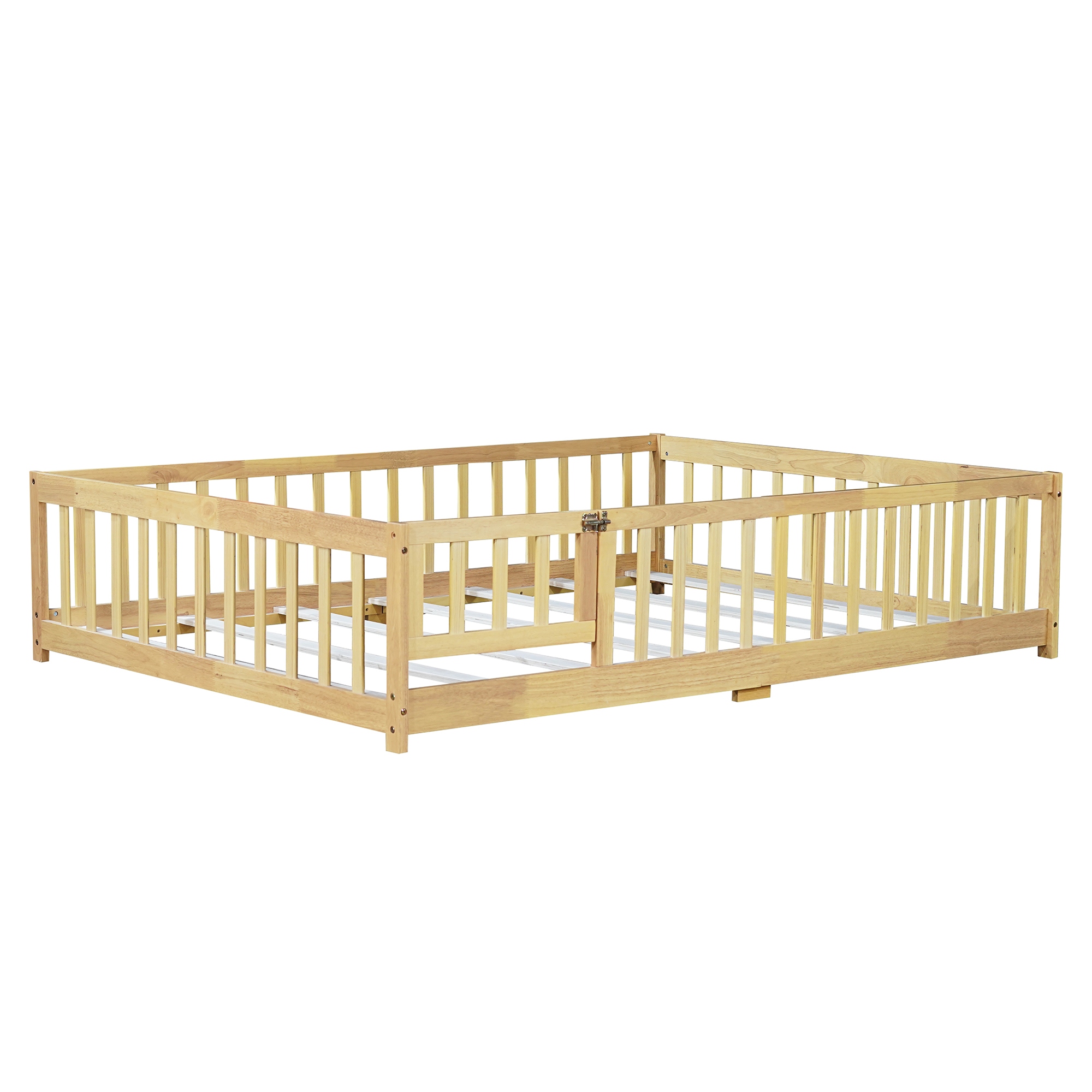 White Full Size Wooden Floor Bed with Fence & Door, Rubber, Safety Guardrails