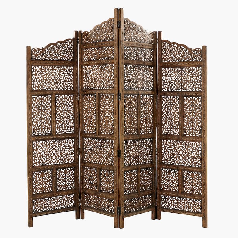 Wooden Floral Handmade Foldable Arched 4 Panel Room Divider Screen with Intricately Carved Designs - Brown - Roche River Decor