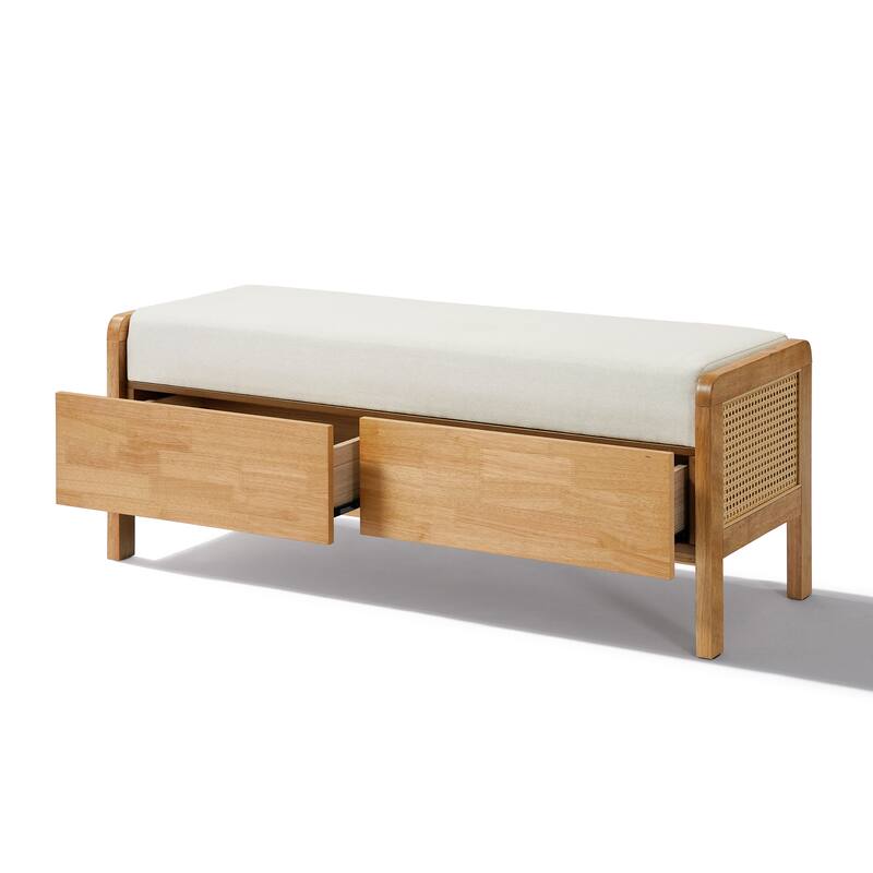 Christopher Knight Home - Soft Cushion Oak Beige Upholstered Storage Ottoman Bench with Rattan Sides and Wooden Legs