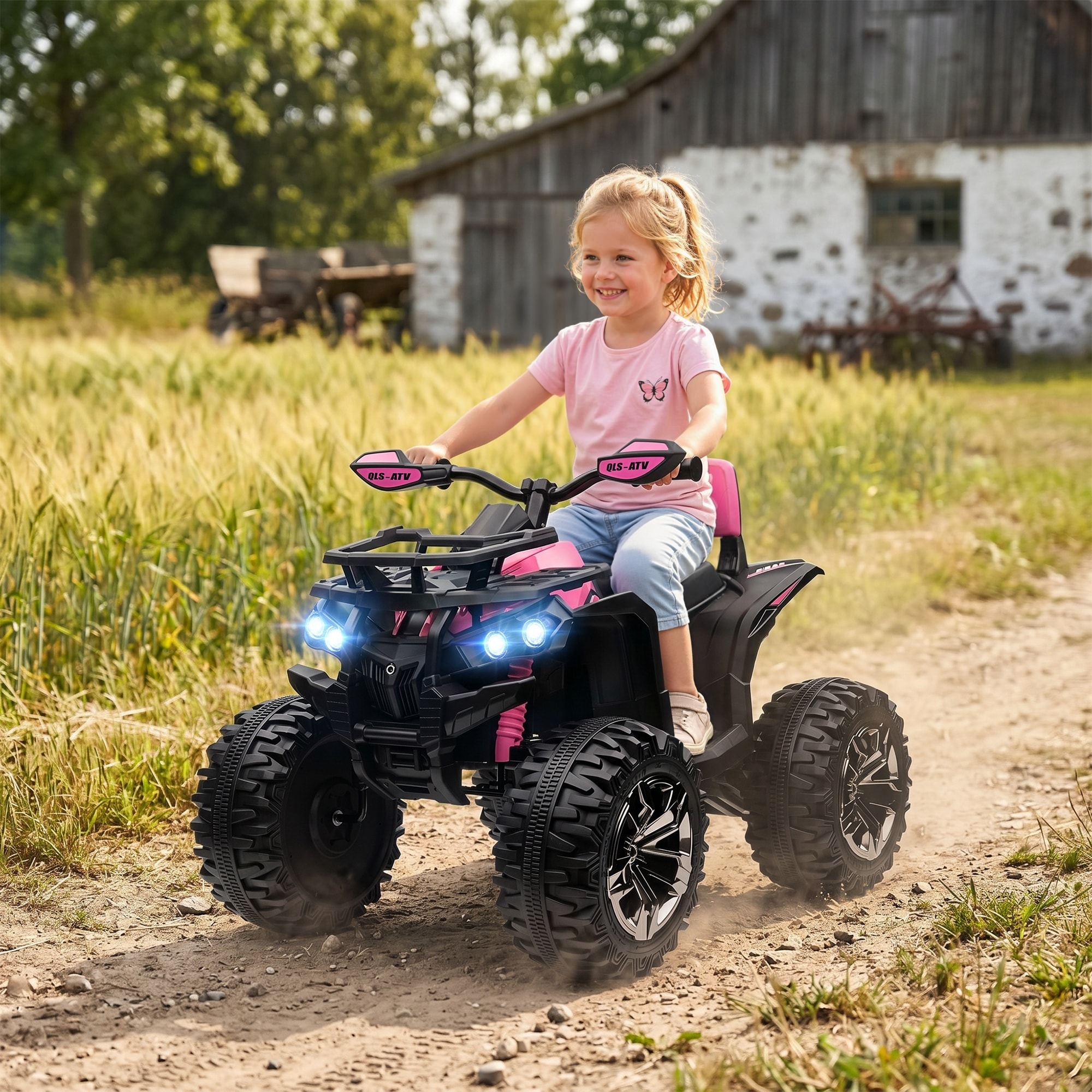 Aosom 12V Kids Ride-On ATV, 4 Wheeler Electric Quad with Treaded Tires, Music, USB, MP3, Headlights, Pink
