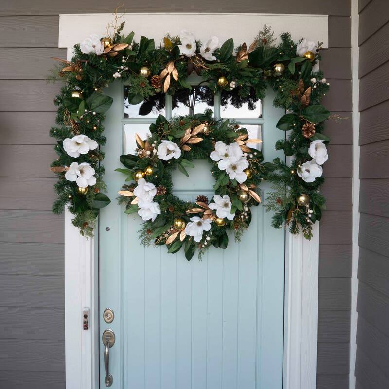 30 in. Lighted Christmas Wreath - White Gold Magnolia - 30 Inch