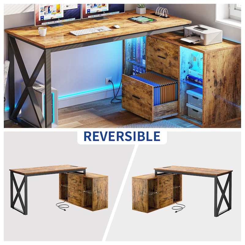 55 Inch L-shaped Gaming Desk with Power Outlets and LED Lights Computer Corner Desk with File Cabinet Monitor Stand