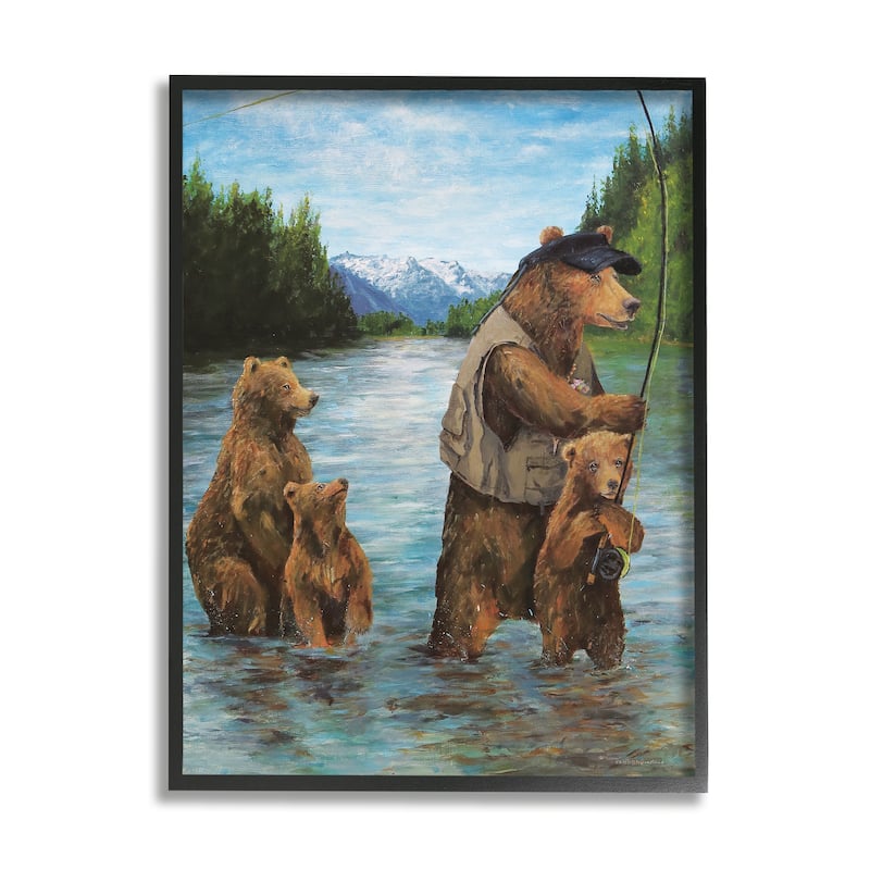 Stupell Brown Grizzly Bear Family Fishing Mountain Lake Landscape Framed Wall Art - 16 x 20 - Black