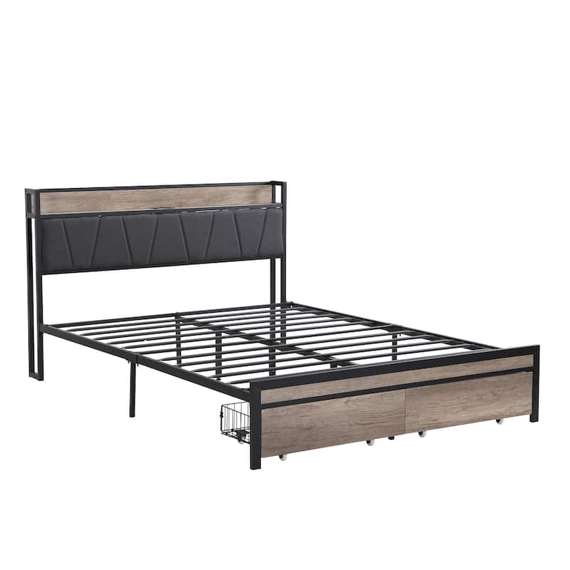 Black+Grey Full Size Metal Platform Bed with Drawers,Upholstery Storage Function Headboard and Usb Liner