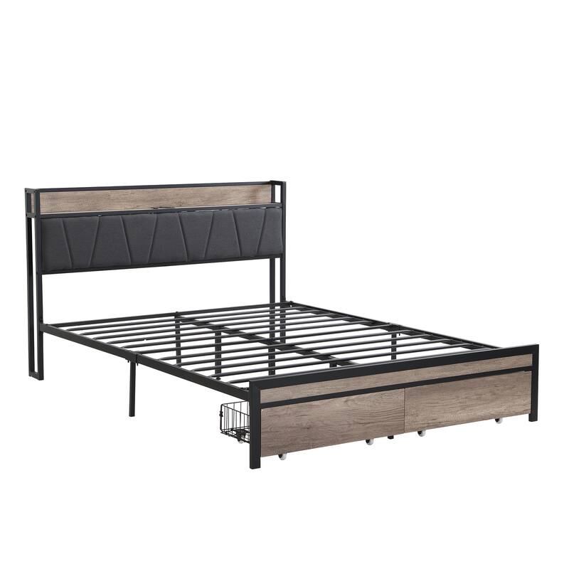 Queen Bed Frame with Storage Headboard, Metal Platform Bed Frame w/Drawers & Footboard and USB LINER, Noise-Free/Metal Support