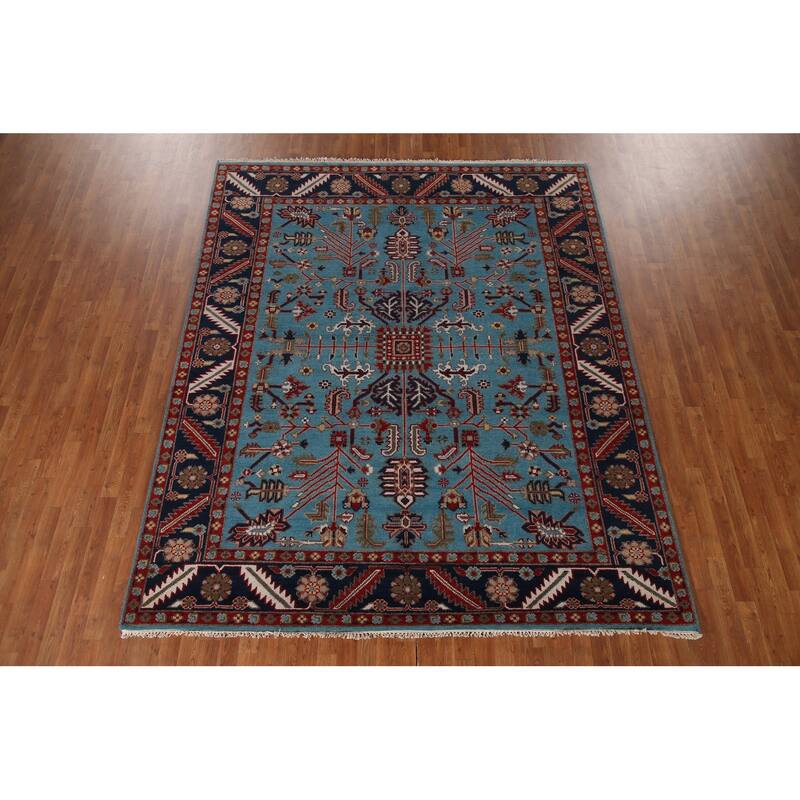 Light Blue Oushak Oriental Area Rug Hand-Knotted Wool Carpet - 8'2"x 9'10"