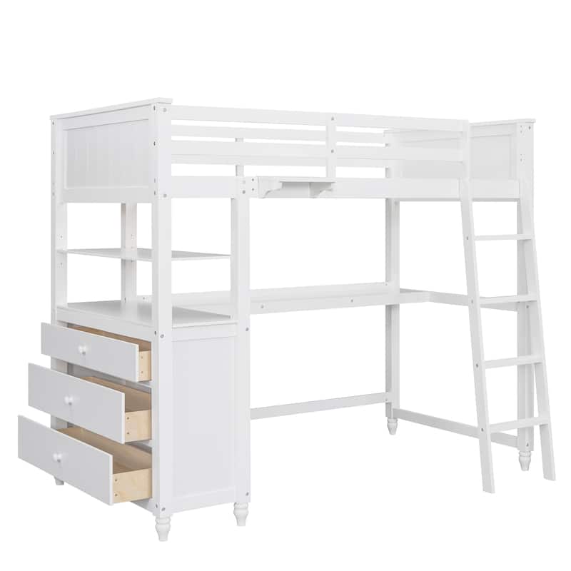 Loft Bed with Drawers and Desk, Wooden Loft Bed with Shelves