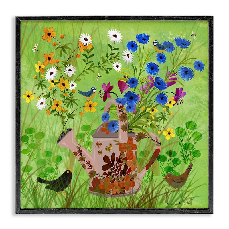 Stupell Bright Gardening Can & Birds Framed Giclee Art Design By Kay Widdowson - 12 x 12 - Black