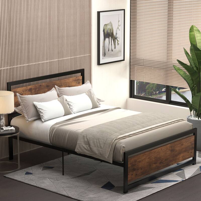 Full Size Metal Platform Bed with Strong Slat Support, Headboard & Footboard