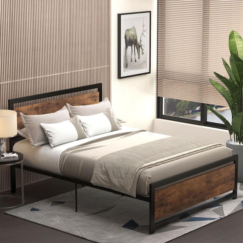 Metal Platform Bed with Strong Slats, Headboard, and Footboard