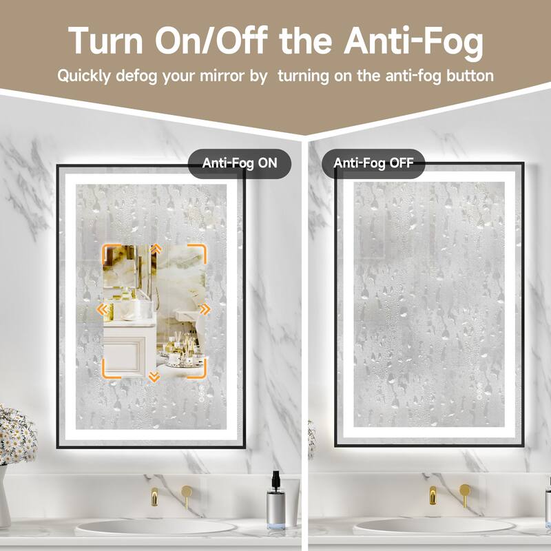 Silver-Black Glass LED Bathroom Mirror with Dual Lights and Anti-Fog - 36 W x 24" H