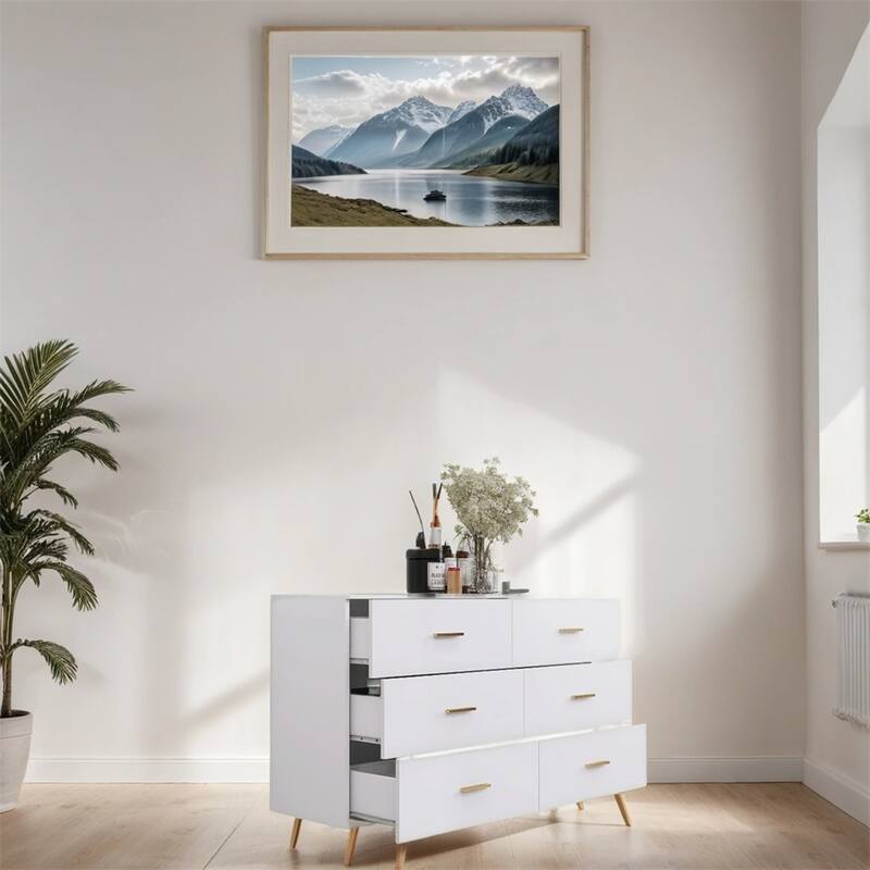 High Glossy Surface 6 Drawers Vanity with Handle and Steel Legs - N/A